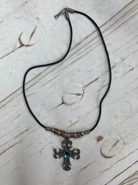 Black Cord Necklace with Ornate Cross Pendant and Blue Crystal